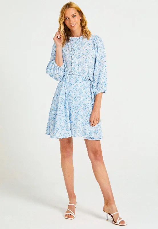 Pastel DressButtoned Mini Summer Dress in Blue Ditsy Floral Print