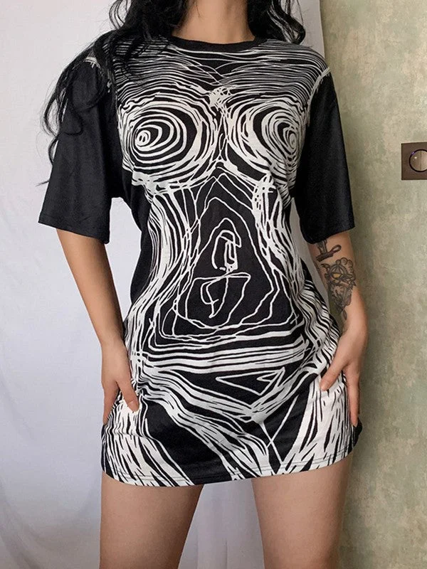 Satin DressAbstract Line Print Tee Mini Dress