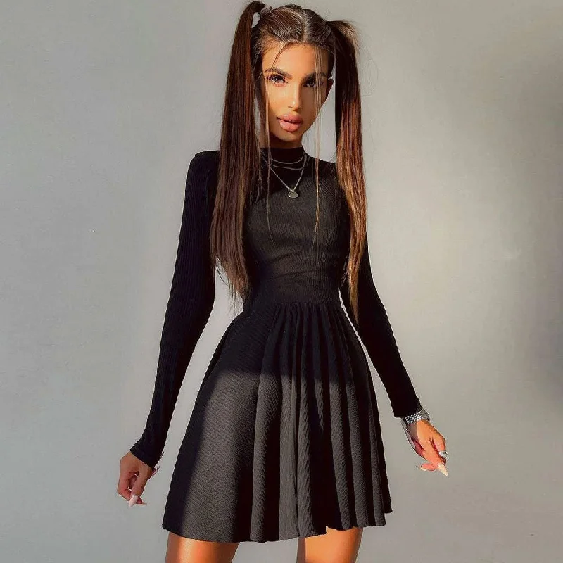 Maternity DressSweet Rib Knit Cut Out Back Long Sleeve Skater Mini Dress - Black