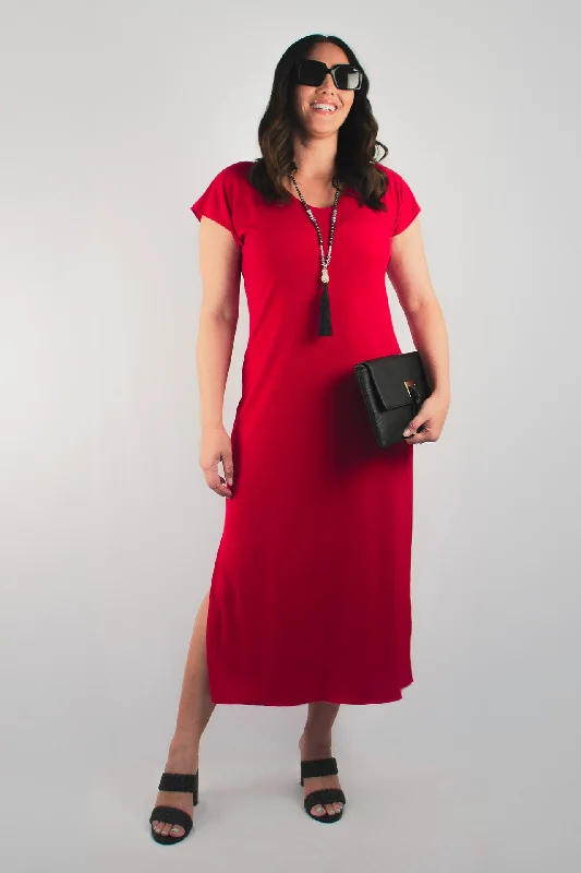 women's retro dressesSassy Red Short Sleeve Jersey Maxi Dress