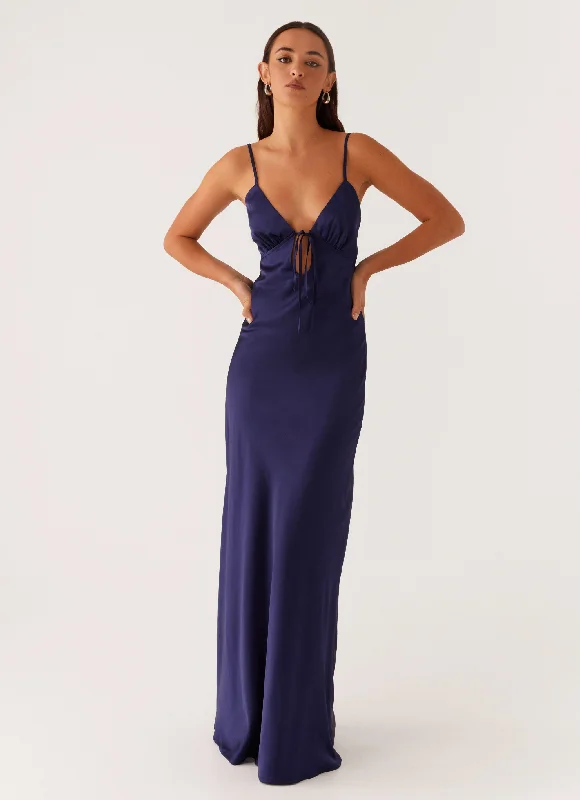 women's pastel dressesFlora Satin Maxi Dress - Navy