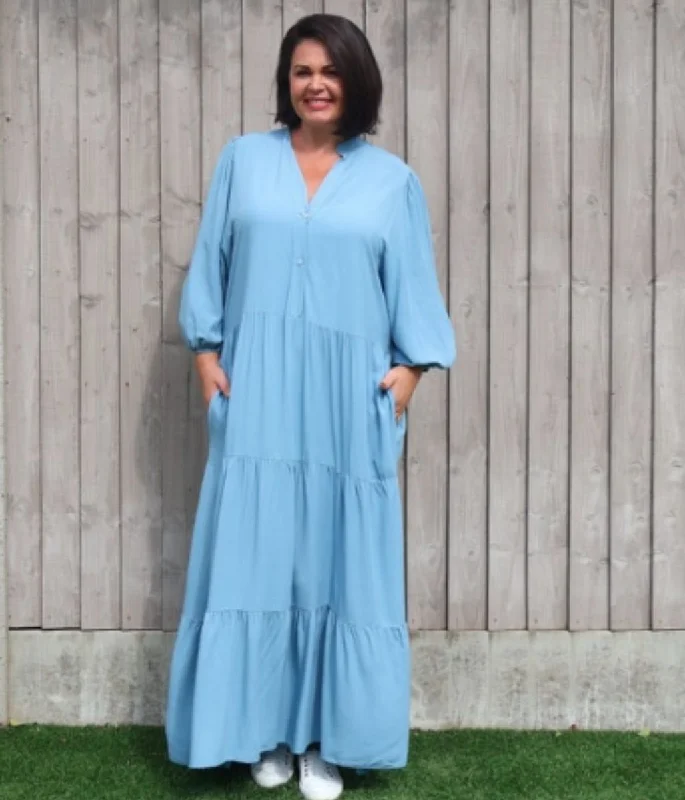 women's custom dressesBlue Tiered Maxi Shirt Dress