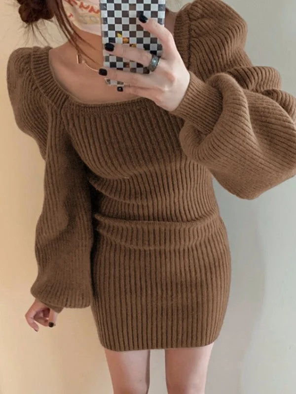 Peplum Hem DressPuff Sleeve Brown Ribbed Knit Mini Dress