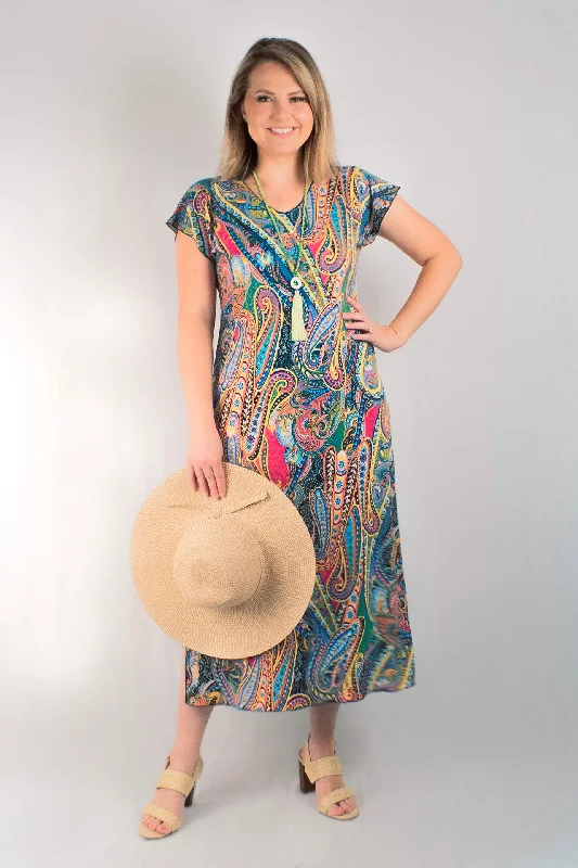 Beaded DressCarnival Print Short Sleeve Jersey Maxi Dress