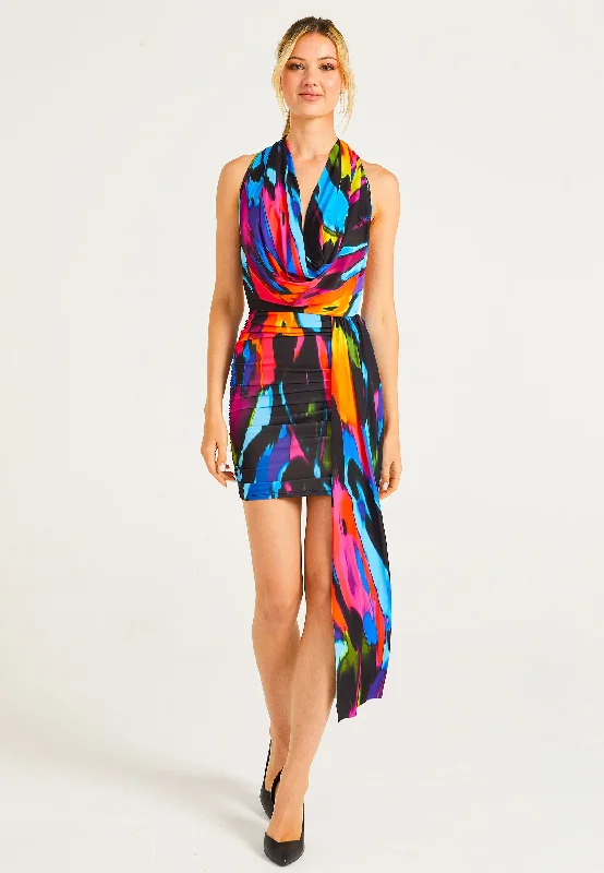 Peplum DressCowl Neck Rainbow Mini Dress with Train