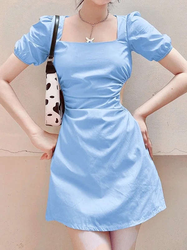 Chiffon DressRuched Cutout Puff Sleeve Mini Dress