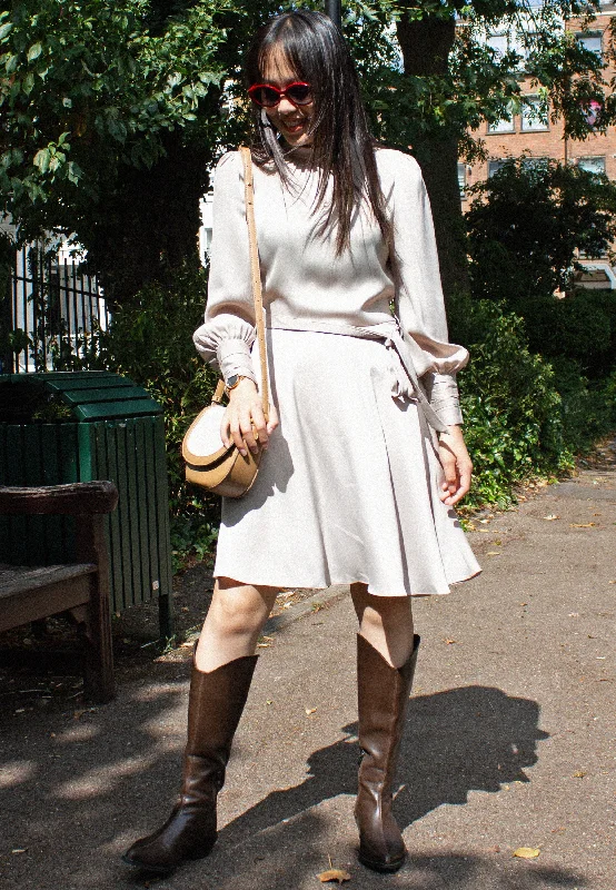 Tiered DressSatin High Neck Mini Dress with Tie Waist in Beige