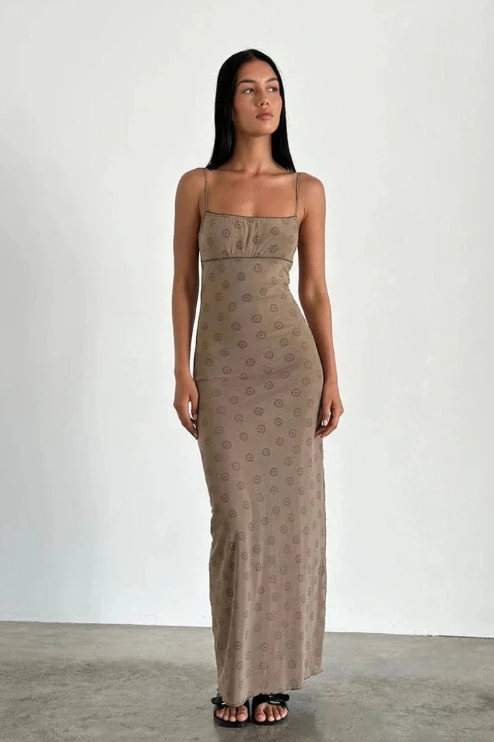 Leather DressMotel Rocks Darsih Maxi Dress In Daisy Flock Light Brown