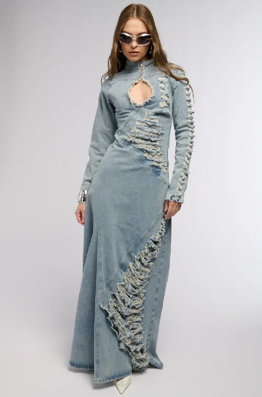 Body-Hugging DressON THE EDGE DISTRESSED DENIM MAXI DRESS