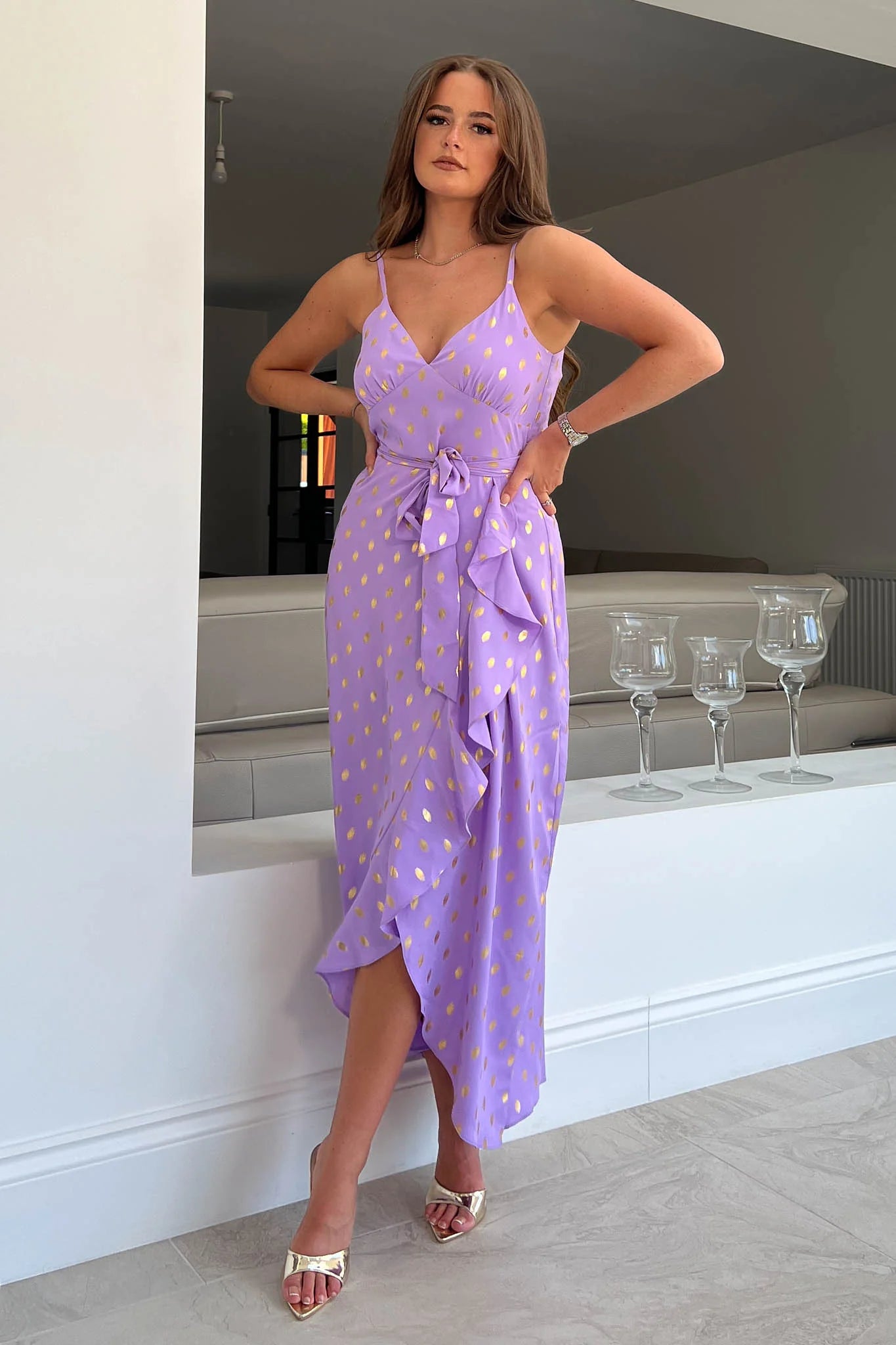 Plus-Size DressGirl in Mind Isadora Lilac with Gold Foil Cami Frill Detail Maxi Dress