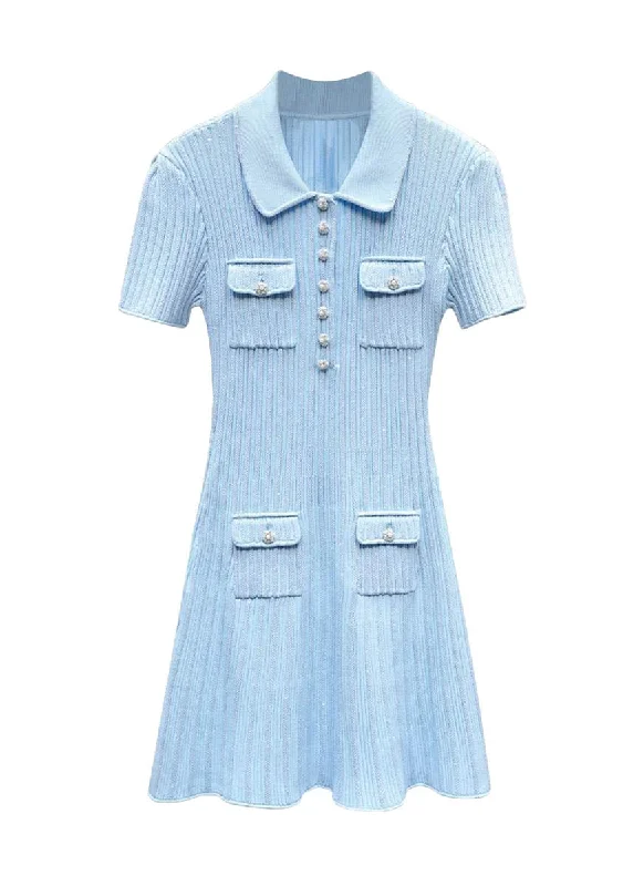 women's satin dressesO240017 Short Sleeve Knitted Mini Dress *Blue