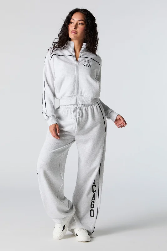 women's petite pantsGraphic Fleece Wide Leg Self Tie Sweatpant