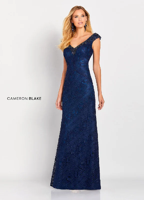 High-Neck DressCameron Blake 119661 Slim A-Line Lace Gown with Beaded V-neckline and Small Cap Sleeve