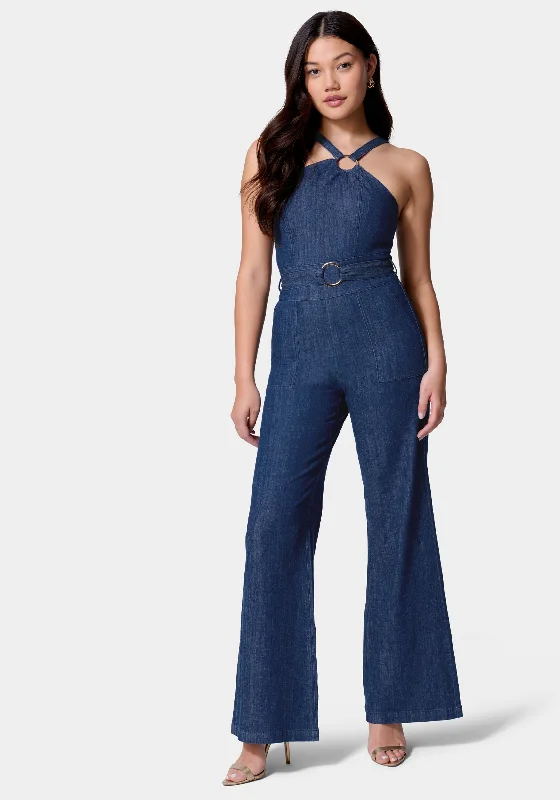 women's vintage jumpsuitsAsymmetric Neckline Wide Leg Lightweight Denim Jumpsuit