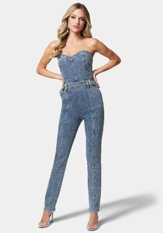 women's jumpsuits for sustainable fashionBelted Sweetheart Denim Jumpsuit