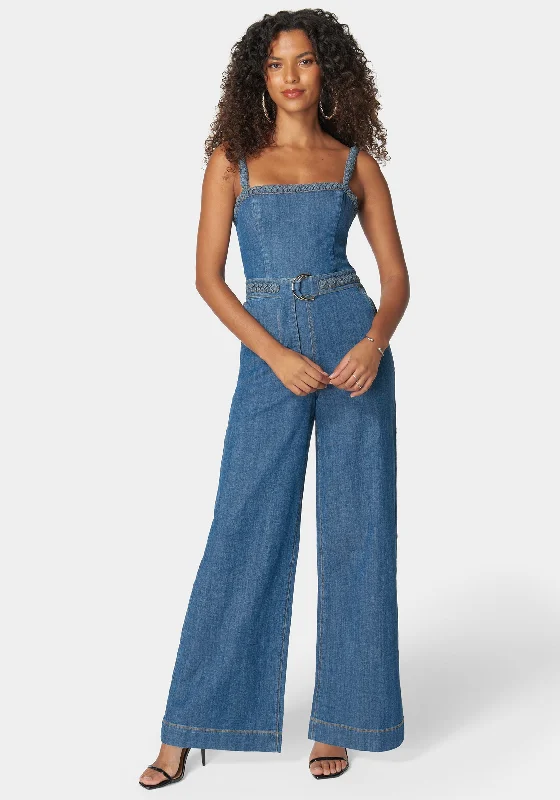 women's jumpsuits for curve-hugging stylesBraided Detail Ultra Wide Leg Denim Jumpsuit