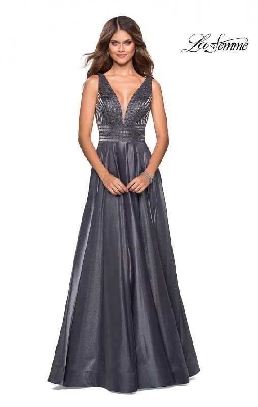 women's off-the-shoulder dressesLa Femme 27205 Beaded Satin A-Line Gown with Pockets