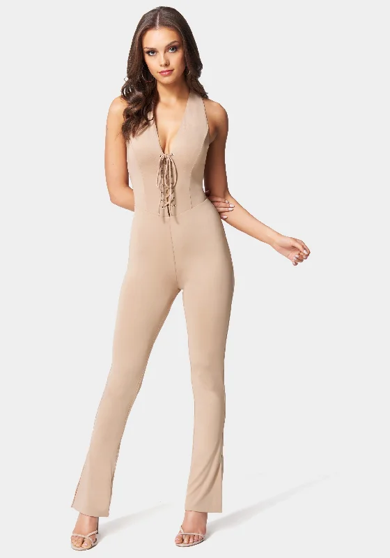 women's jumpsuits with checkered designsDeep V Lace-Up Jumpsuit