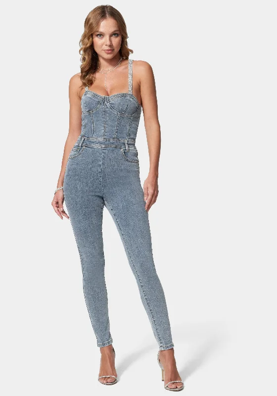 women's jumpsuits with solid colorsDenim Corset Top Skinny Leg Jumpsuit