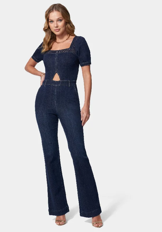 women's jumpsuits for plus-size figuresDenim Cut Out Detail Wide Leg Jumpsuit