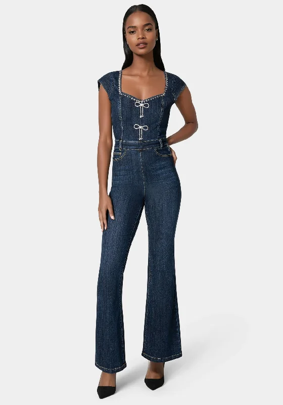 women's jumpsuits for glamorous eveningsEmbellished Neckline Flared Leg Denim Jumpsuit