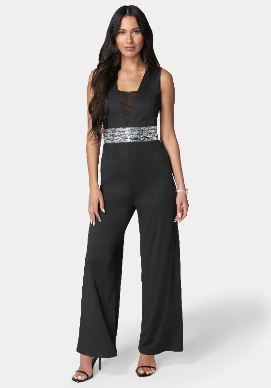 women's jumpsuits with Peter Pan collarsEmbellished Wide Leg Jumpsuit