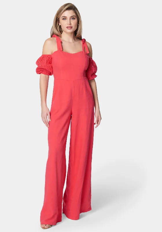 women's vintage jumpsuitsEmbroidered Cotton Puff Sleeve Full Wide Leg Jumpsuit