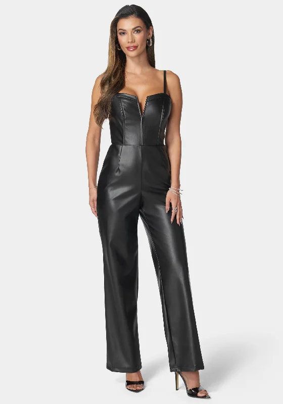 women's jumpsuits for bohemian chicFaux Leather Cropped Leg Jumpsuit