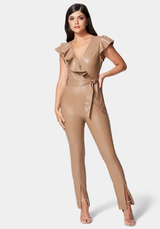 women's jumpsuits for machine-washable fabricsVegan Leather Ruffle Jumpsuit