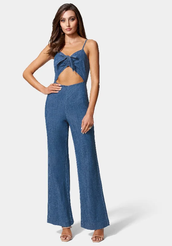 women's jumpsuits made of velvetFront Ruched Cut Out Wide Leg Lightweight Denim Jumpsuit