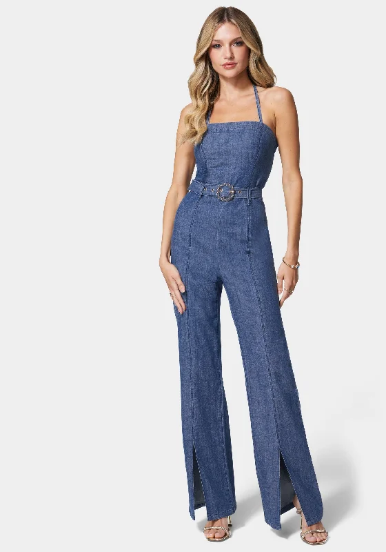 women's jumpsuits with floral printsFront Slit Belted Wide Leg Denim Jumpsuit