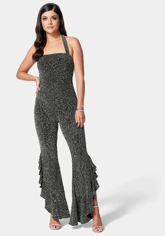 women's jumpsuits with self-ties at the waistGlitter Knit Ruffle Leg Jumpsuit