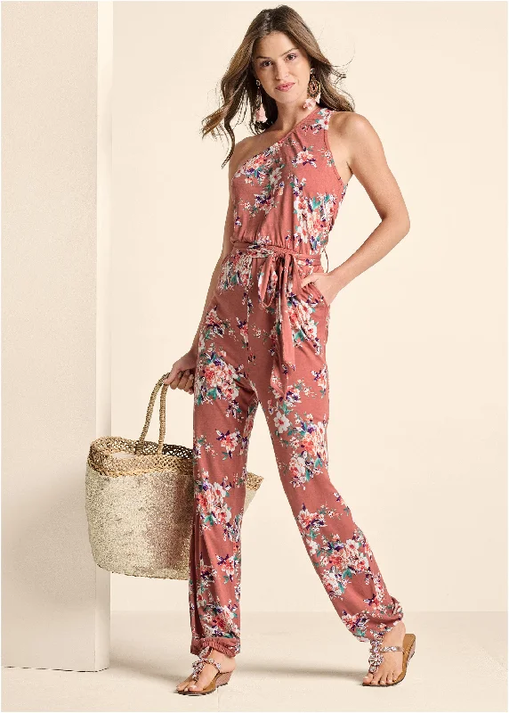 women's jumpsuits for eco-friendly choicesOne-Shoulder Jumpsuit - Pink Multi