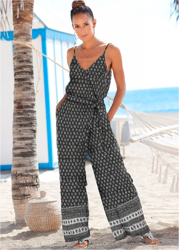 women's jumpsuits made of chiffonWrap Front Jumpsuit - Black & White