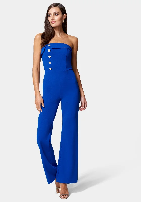 women's jumpsuits with belt loopsKnit Crepe Strapless Button Detail Wide Leg Jumpsuit