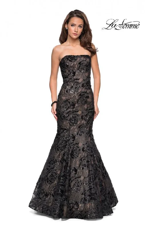 Velveteen DressLa Femme 27178 Strapless Mermaid Gown with All-over Sequin Embellished Lace