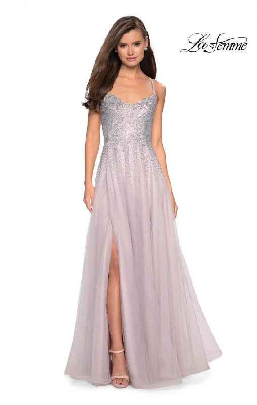 women's mother of the bride dressesLa Femme 27750 Tulle and Rhinestone A-line Gown with Leg Slit and Strappy Back Detail