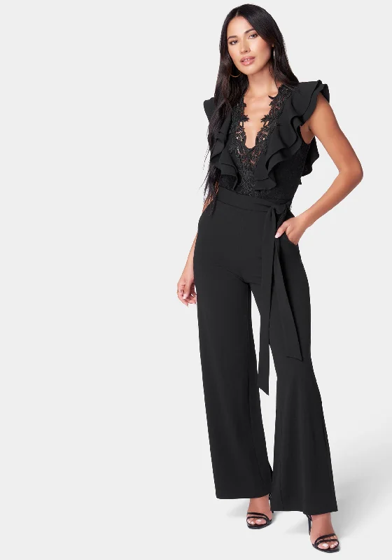 women's jumpsuits with Peter Pan collarsLace Trim Knit Crepe Palazzo Jumpsuit