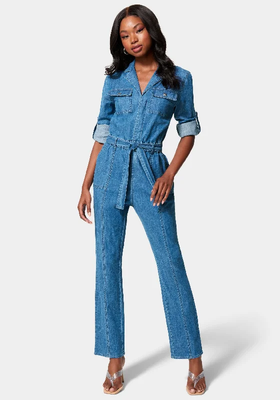 women's jumpsuits with off-the-shoulder sleevesLightweight Denim Cargo Style Straight Leg Jumpsuit