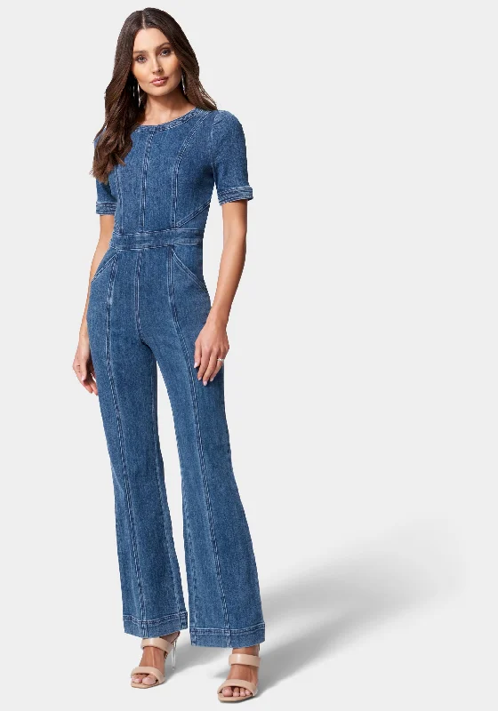 women's jumpsuits for fair-trade practicesPuff Sleeve Wide Leg Denim Jumpsuit