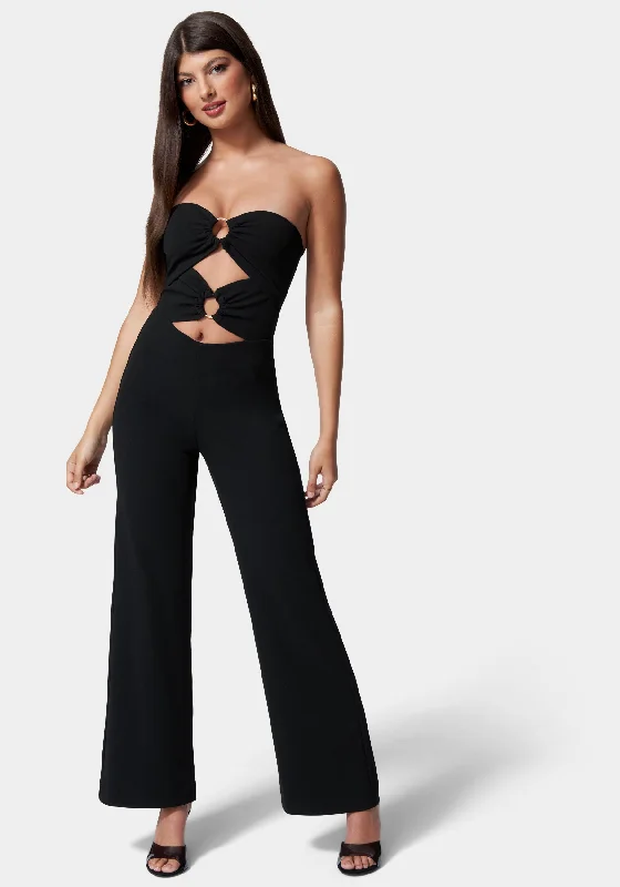 women's casual jumpsuitsRing Detail Wide Leg Knit Crepe With Satin Combo Jumpsuit