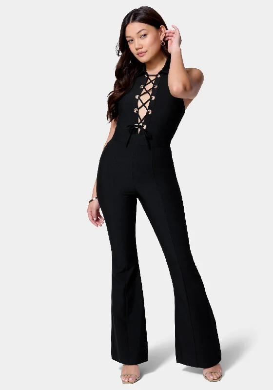 women's jumpsuits for easy dressingSatin Twill Sleeveless Eyelet Detail Wide Leg Jumpsuit