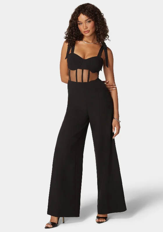 women's jumpsuits with round necksSelf Tie Strap Corset Wide Leg Jumpsuit