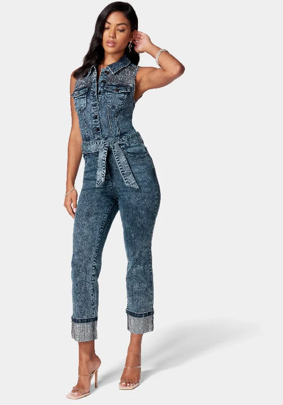 women's jumpsuits for date nightsSequin Sleeveless Cuffed Slim Leg Denim Jumpsuit