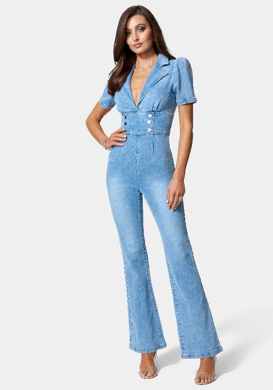 women's jumpsuits for travelShort Sleeve Notch Collar Wide Leg Denim Jumpsuit