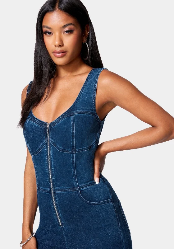 women's jumpsuits with halter necksSkinny Leg Front Zip Denim Jumpsuit