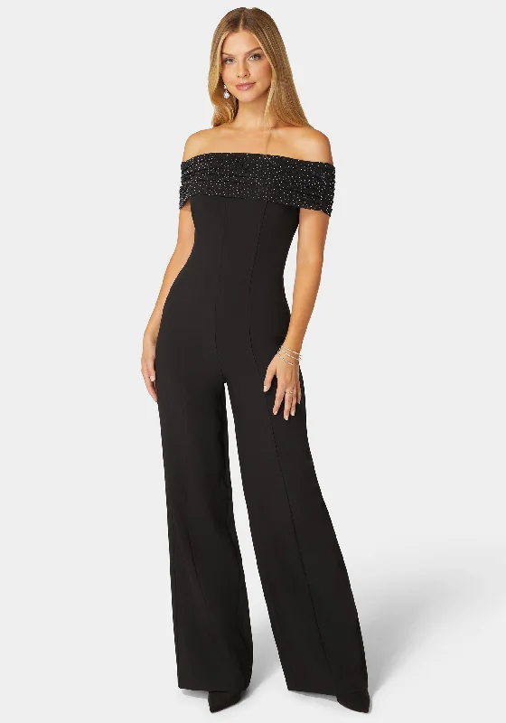 women's casual jumpsuitsStudded Off Shoulder Palazzo Jumpsuit