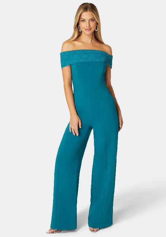 women's jumpsuits for affordable luxuryStudded Off Shoulder Palazzo Jumpsuit