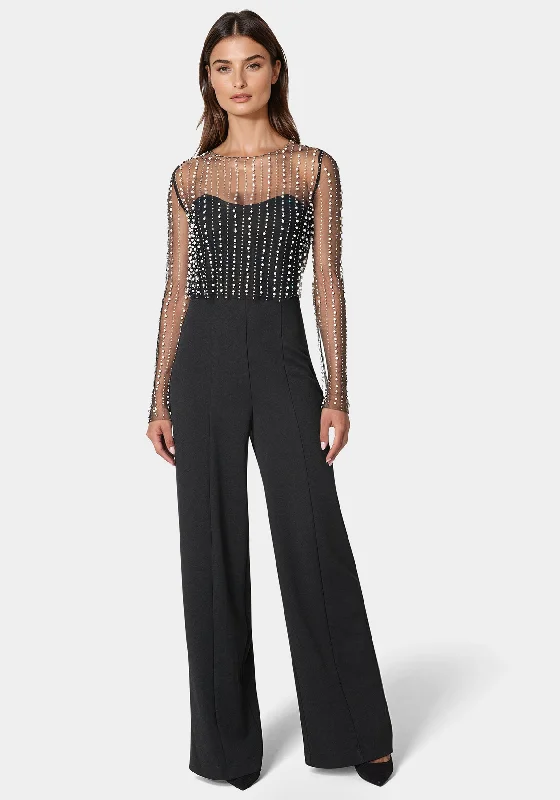 women's jumpsuits made of velvetStudded Pearl Top And Palazzo Leg Jumpsuit