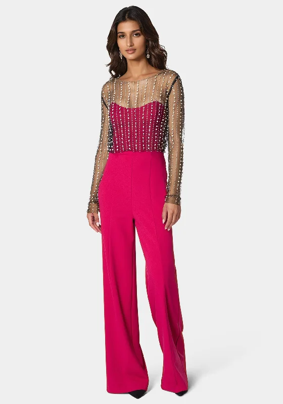 women's jumpsuits with long sleevesStudded Pearl Top And Palazzo Leg Jumpsuit